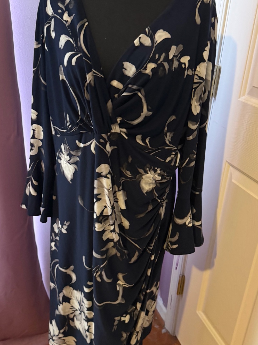 Lauren Ralph Lauren Navy Ivory Floral Ruched Wrap-Style Dress 16W